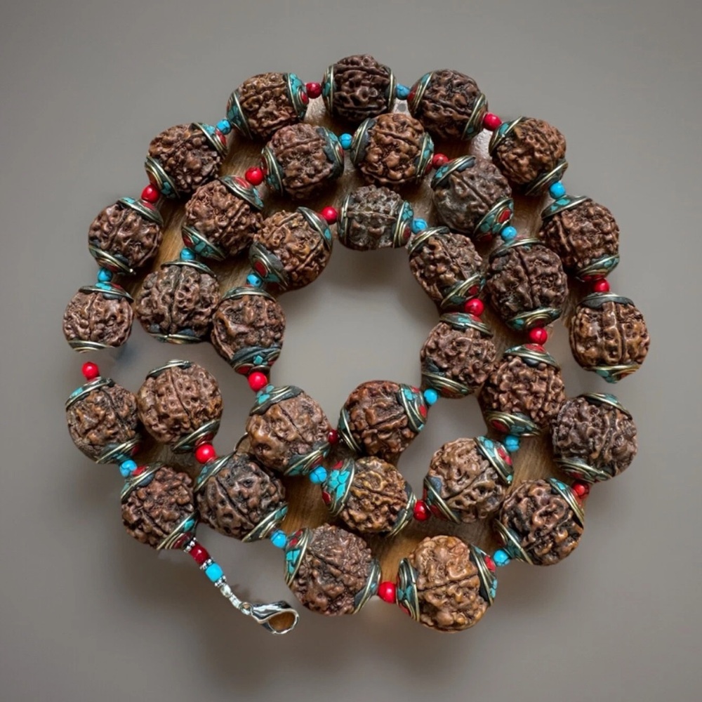 Vintage Rudraksha Yoga Necklace Capped With Bronze Inlay Turquoise & Coral 35”in - Picture 6 of 10